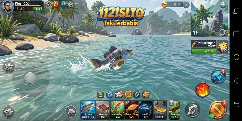 Screenshot 1121SLOT menampilkan gameplay seru memancing di laut.