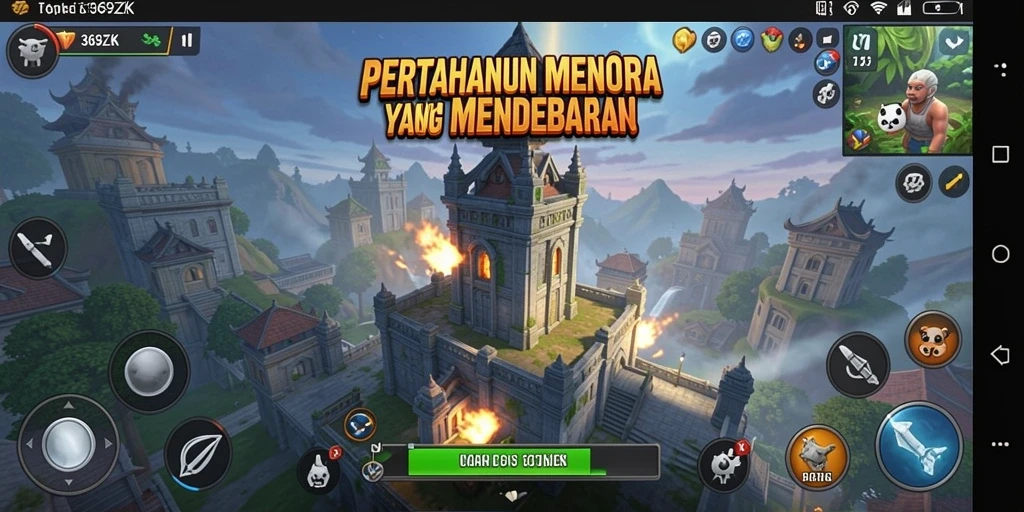 Tampilan gameplay menarik dari 369ZK yang menunjukkan menara dan musuh.