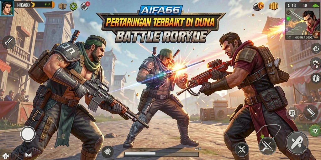Screenshot utama gameplay AIFA66 menampilkan pertarungan seru di pulau Battle Royale.