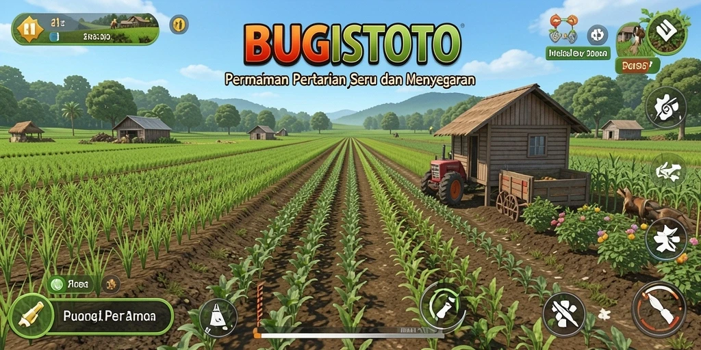 Tangkapan layar gameplay <strong>BUGISTOTO</strong> menunjukkan kebun yang subur dan hewan yang sehat.