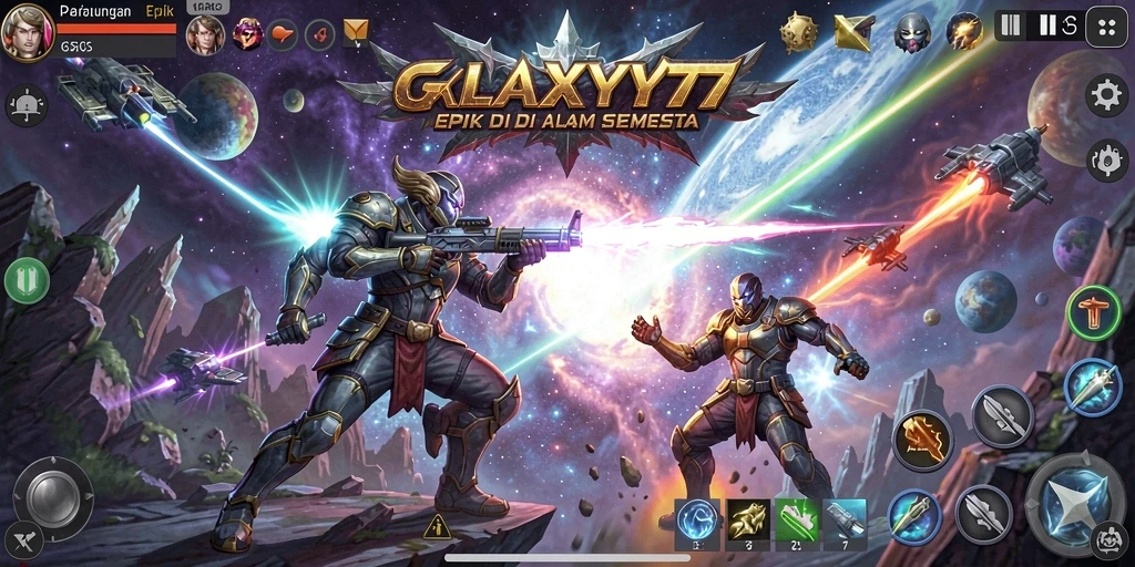Tampilan gameplay menegangkan dari pertempuran di GALAXY77.