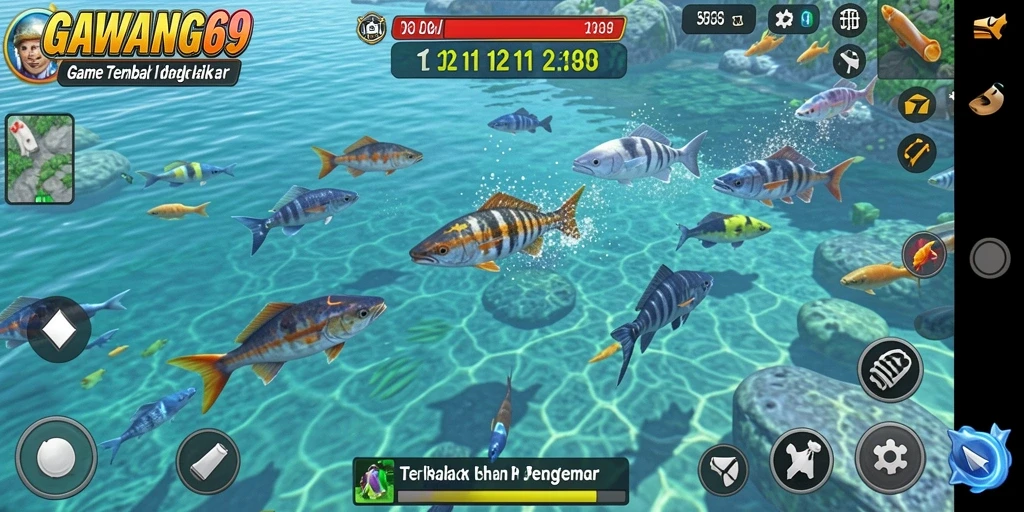 Gameplay seru GAWANG69 saat menangkap ikan di bawah laut.