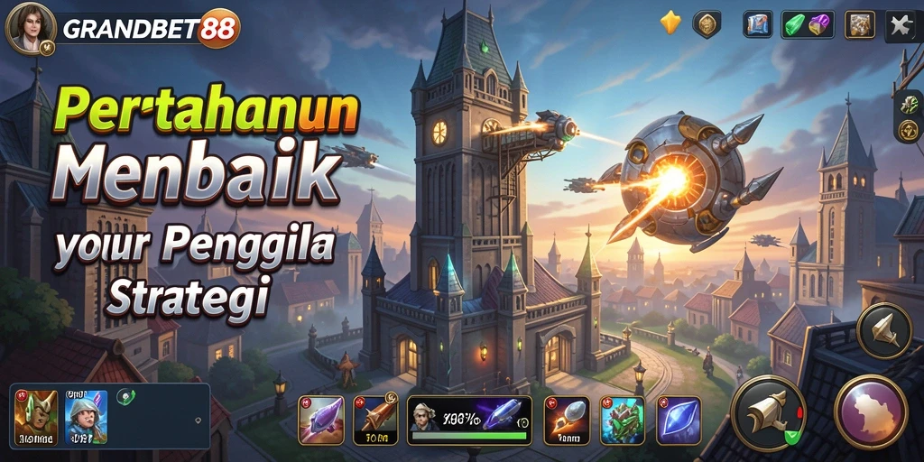 Tampilan gameplay GRANDBET88 dengan strategi dan menara yang beragam.