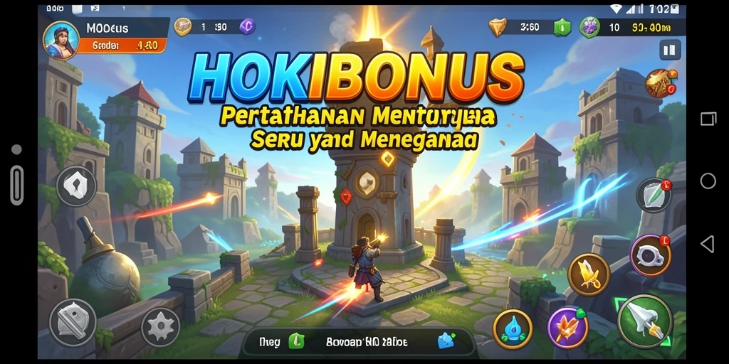 Gameplay seru HOKIBONUS dalam mengatur menara pertahanan.