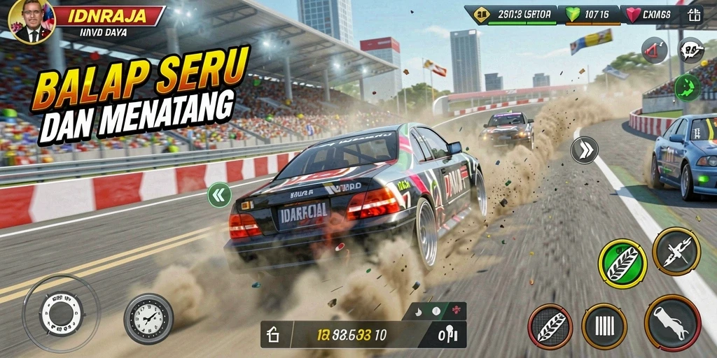 Screenshot menggambarkan gameplay balap yang intens dan seru di IDNRAJA.