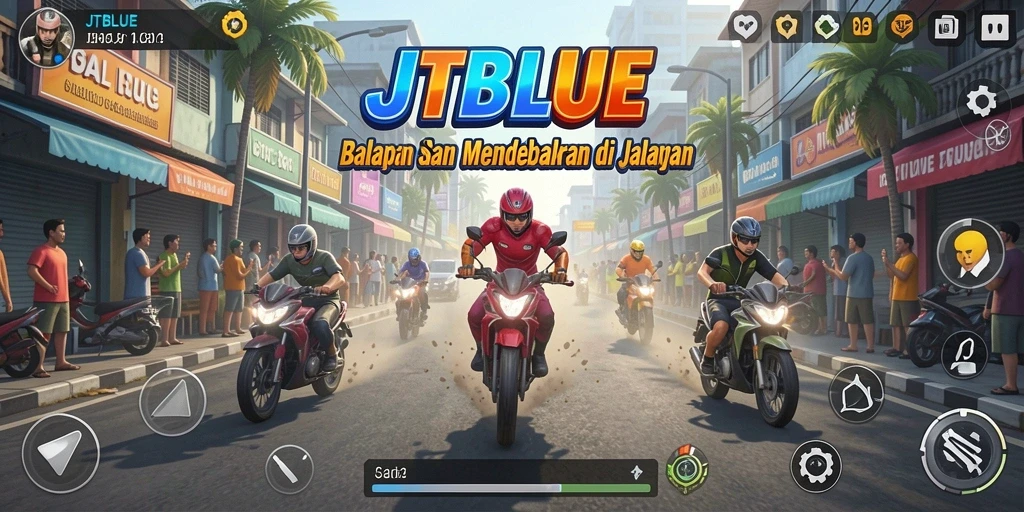 Tampilan permainan balap seru dalam JTBLUE dengan berbagai mobil dan lintasan.