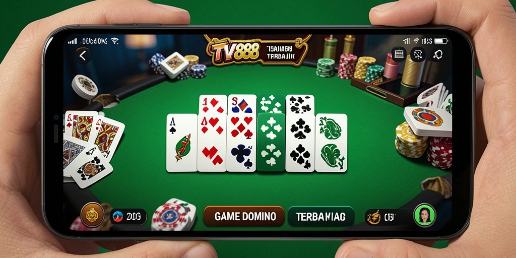 Tampilan utama gameplay Domino TV888 yang penuh warna dan menarik.