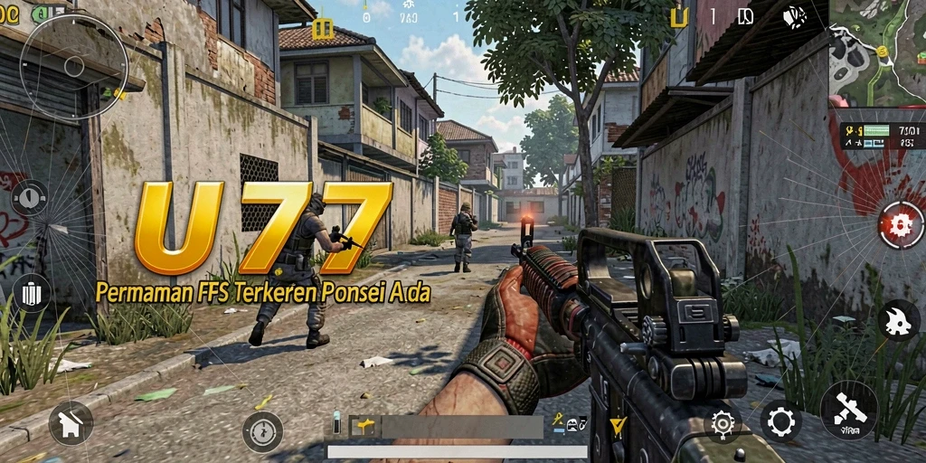 Screenshot UT77 menunjukkan aksi intens pertempuran FPS.